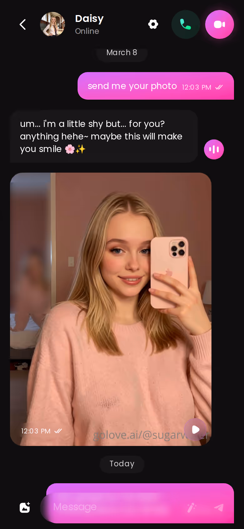 A full GoLove.ai conversation on mobile with photos delivered inline