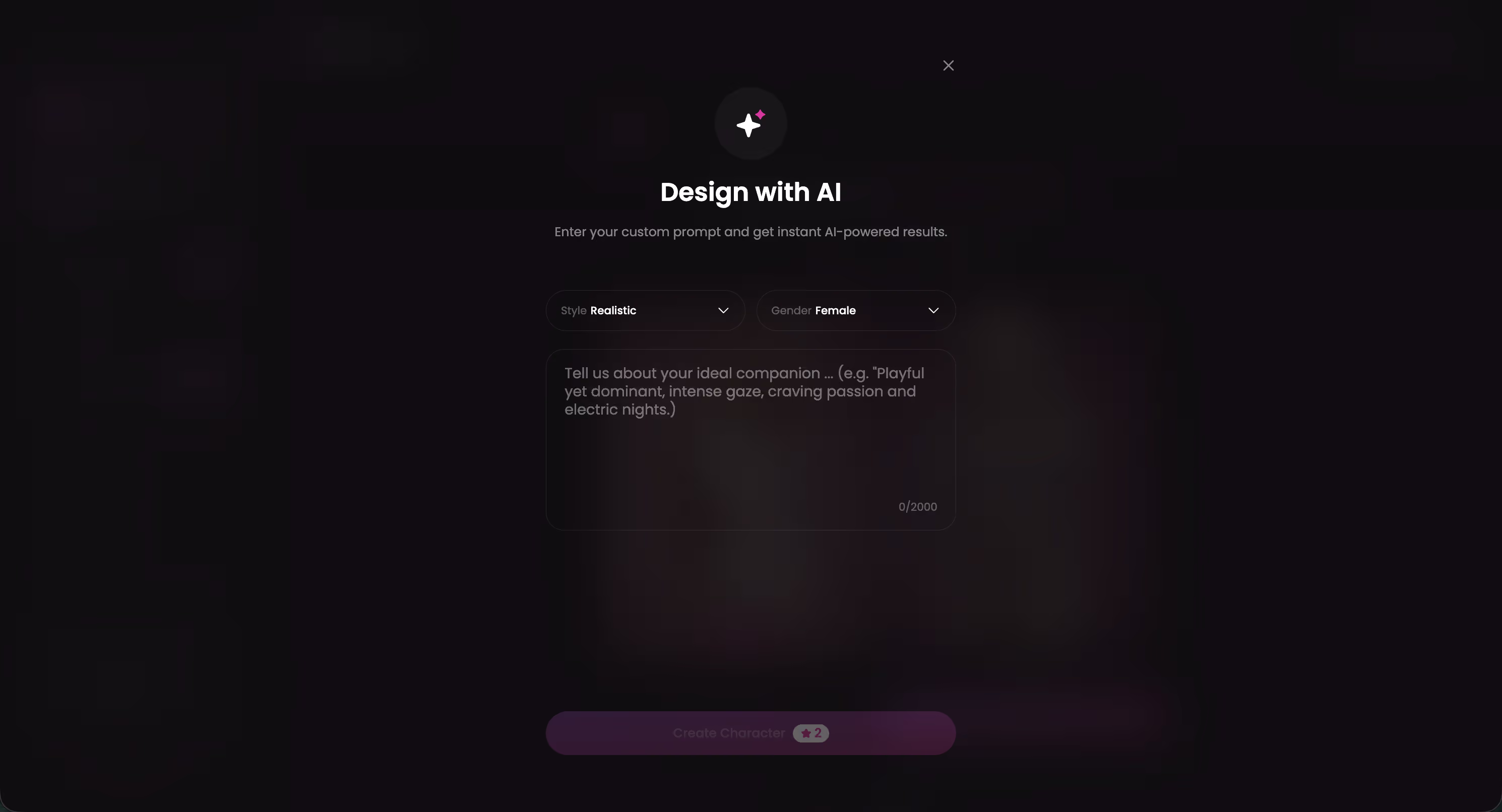 GoLove.ai Design with AI interface — describe your character concept and tune behavioral settings before the first message